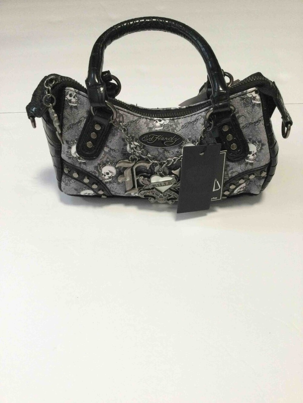Ed Hardy Black and Gray Skull Charm Mini Satchel